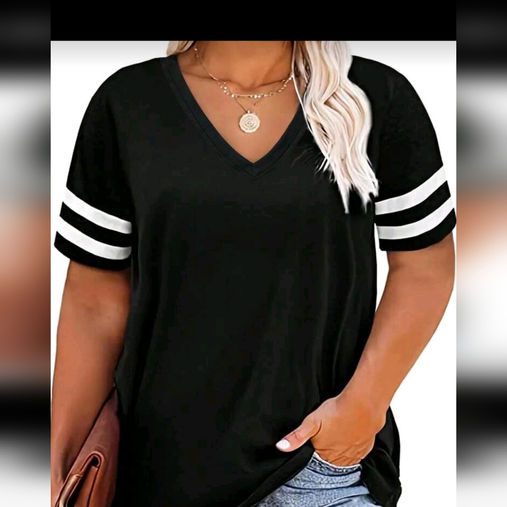 Black V-Neck Women's Top with White Stripes